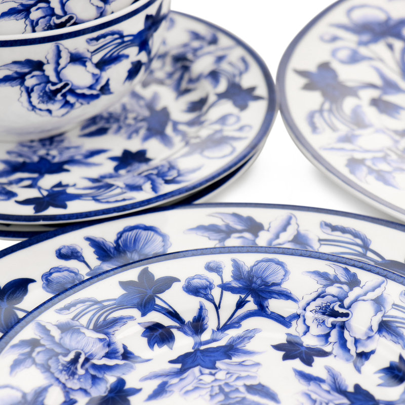 Cobalt Blue Floral Ceramic Dinnerware Set, Service for 4