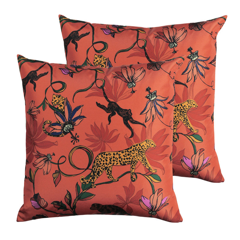 Indoor / Outdoor Floral Square Throw Cushion, Orange
