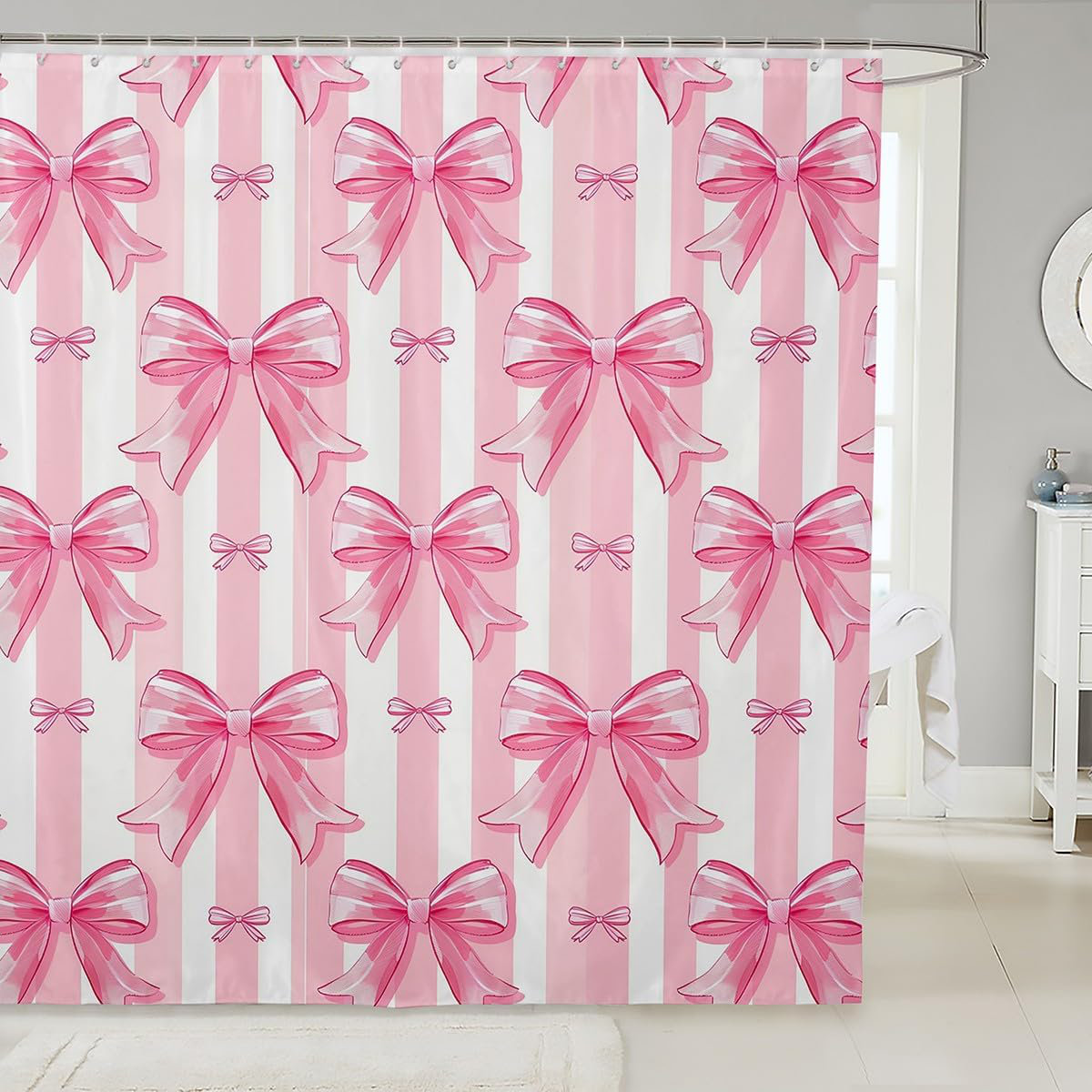 Manfei Pink Bowknot Bathroom Curtains For Kids Dreamy Princess Style Kids  Girls Shower Curtains,Watercolor Bow, image size:1200x1200