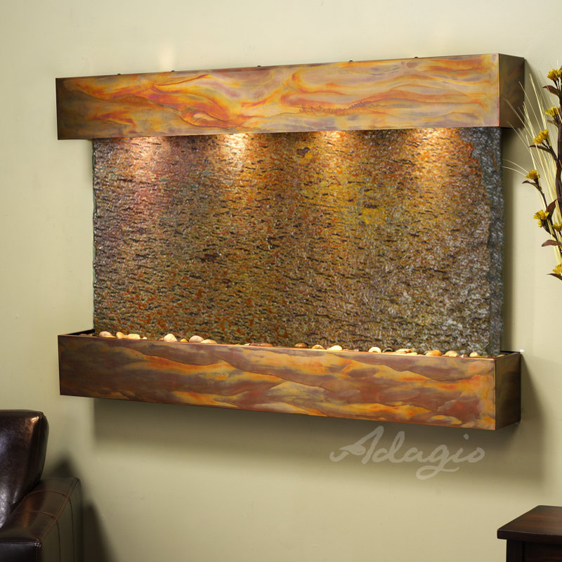 Sunrise Springs Hand Crafted Natural Stone Weather Resistant Wall Base Fountain with Light, Copper/Green Slate
