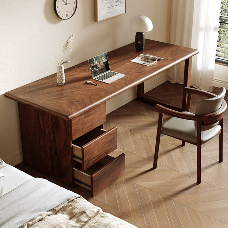Bureau long en noyer massif avec trois tiroirs latéraux gauche, 29.53" H x 55.12" W x 23.62" D