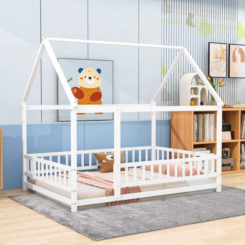 Lit sur pied en bois avec rails de sécurité et toit, Double, Blanc