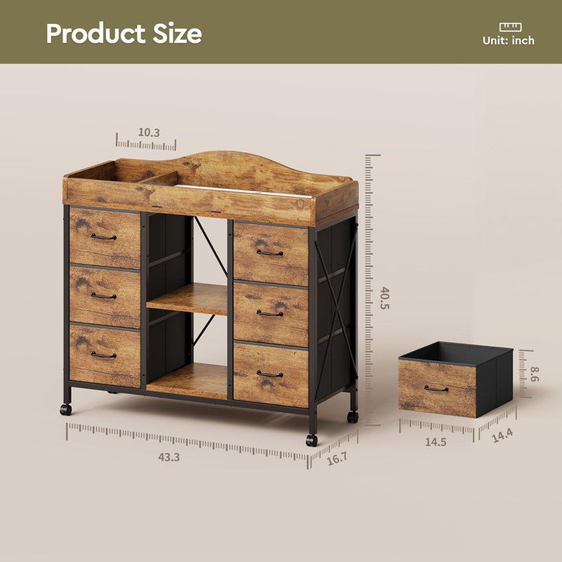 Commode 6 tiroirs avec plateau à langer, Rustic Brown