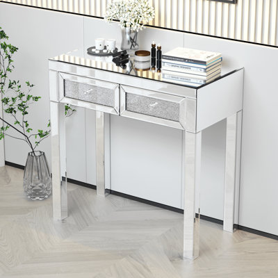 Mirrored Desk Vanity With Crystal Diamond Accents, 2 Drawers, MDF Makeup Table Home Office Dressing Table