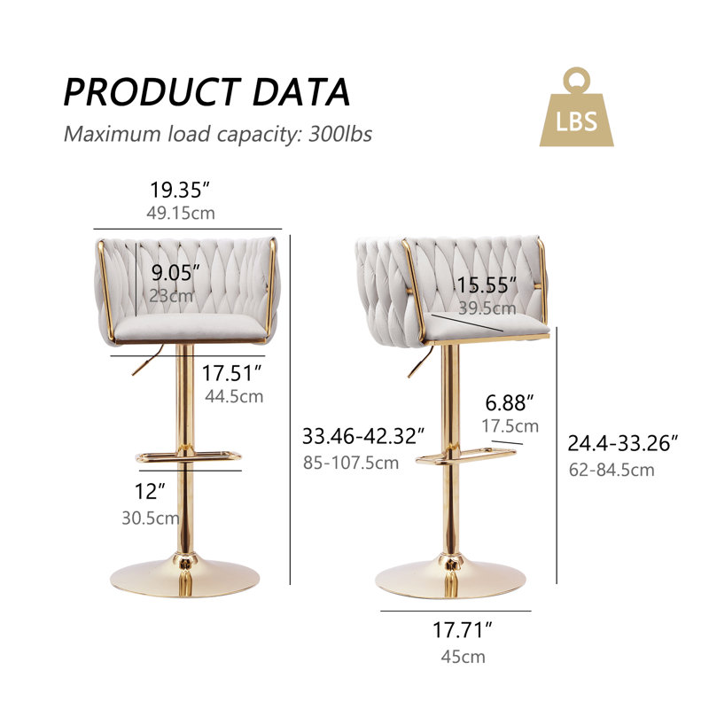 Luxury Velvet Bar Stools with Gold Metal Base, Adjustable Height Swivel Bar Chairs with Armrests for Kitchen Island, Bar, Modern Home Decor（Beige）（Set of 2）