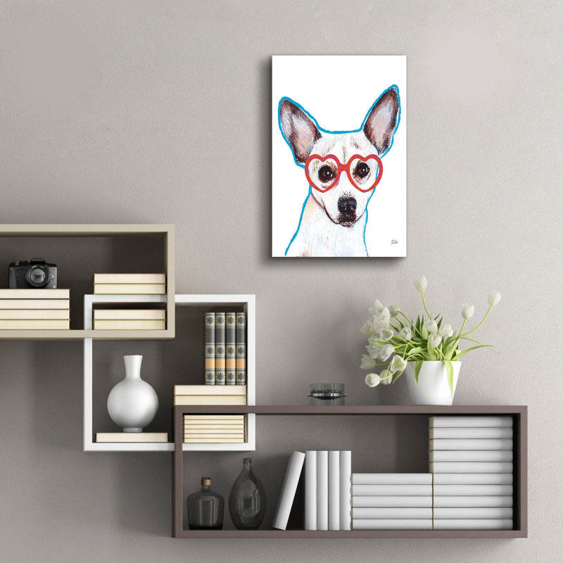 «Bespectacled Pet 1» par Melissa Averinos, art mural en verre acrylique, H 24 po x l 16 po x P 0,2 po