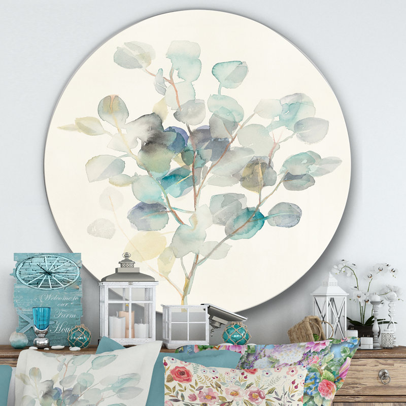 Feuilles d'eucalyptus I - Peinture cercle métallique, H 36 po x l 36 po