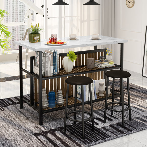 3 Piece Counter Height Kitchen Island Set with Storage Cabinet, Drawers and  Towel Rack, Dining Table Set with Drop Leaf and 2 Seatings, Compact Kitchen  Table (Blue+Black+Brown) 