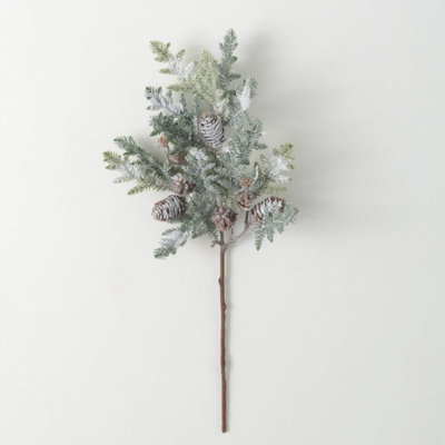 24" Artificial Frosted Pine Pinecone Christmas Pick, Green-White