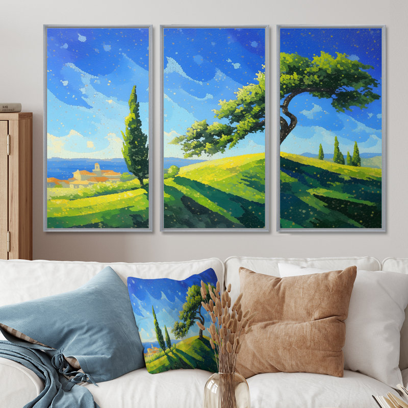 «The Swaying Cypress Pointillism Reimagined I - Van Gogh», ensemble d'art mural, H 32 po x l 48 po, Silver
