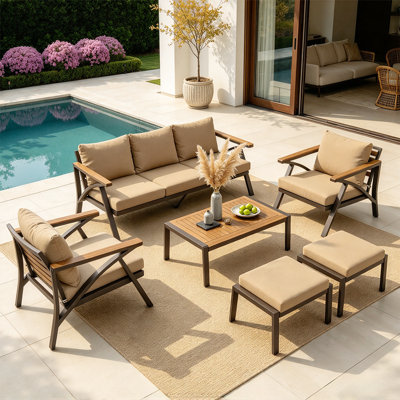 6-Piece Outdoor Patio Conversation Set with Acacia Wood Accents, 3-Seat Sofa, 2 Armchairs, 2 Ottomans & Coffee Table