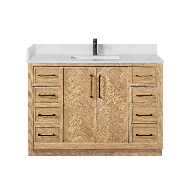 Meuble-lavabo simple 48 po avec plateau en pierre de quartz blanc Jakarta, Chêne brun clair patiné, Noir mat, 48"