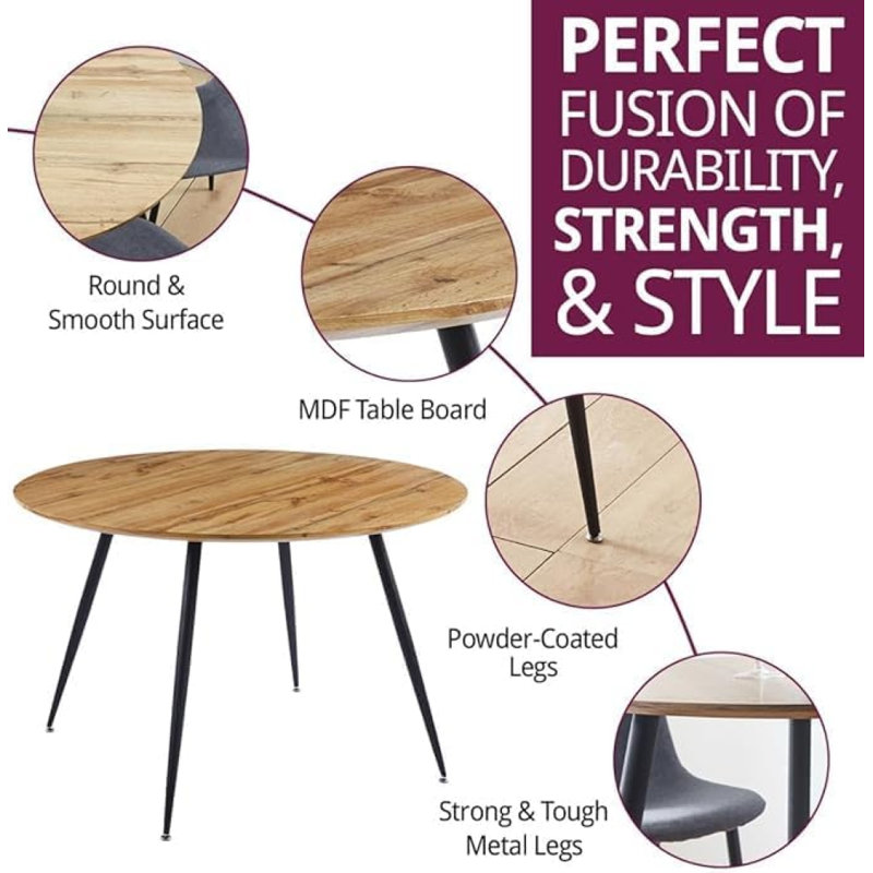 Cullompton Large Round Dining Table With Light Oak Effect Top (120Cm) With 6 Taupe Leather Effect Chairs