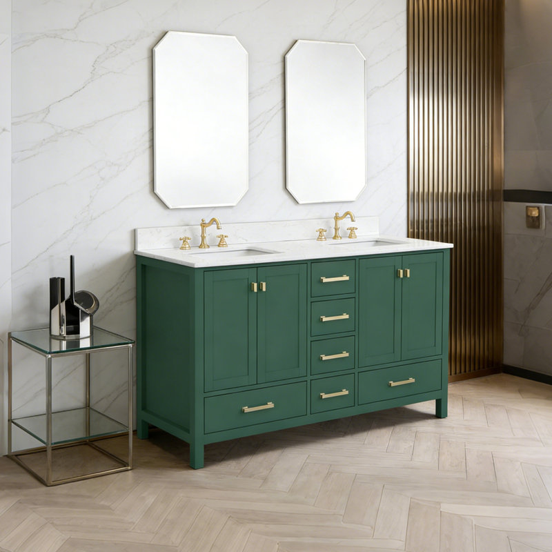 Meuble-lavabo double 60 po avec comptoir en pierre artificielle 60 po, Vert
