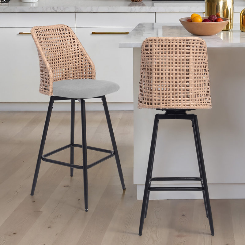 Swivel Upholstered Rattan Back Counter & Bar Stool, Light Grey