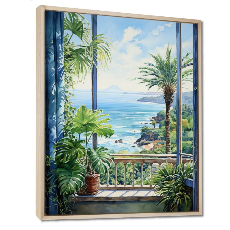 «Tropical Windows To The Beach II - Coastal Windows», art mural, Cadre flottant brun, H 20 po x l 12 po x P 1 po