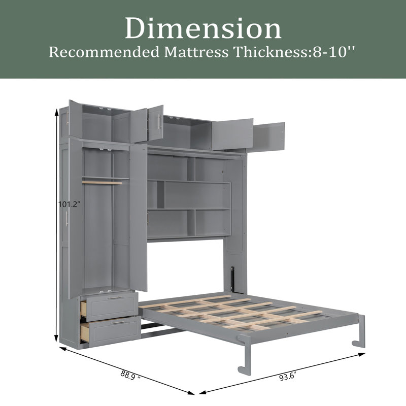 Grand lit escamotable mural avec armoire supérieure, tablettes et garde-robe, lit pliable peu encombrant, Gris