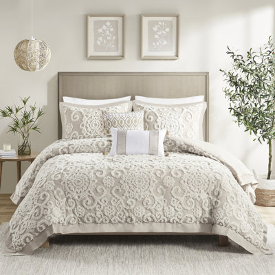 Housse de couette très grand 100% coton taupe avec motif de broderie tridimensionnelle, 2 taies décoratives assorties et taies décoratives en médaillon en taupe, coton, taille