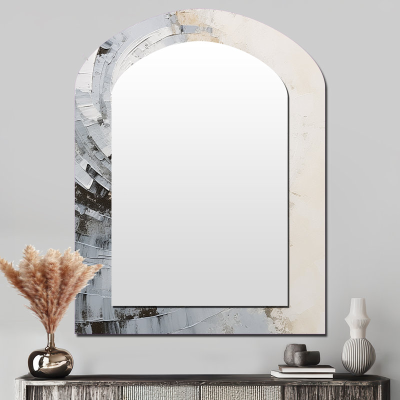 Blanc et gris Majestic Motion - Miroir décoratif en arc abstrait sur métal, 43 po x 33 po