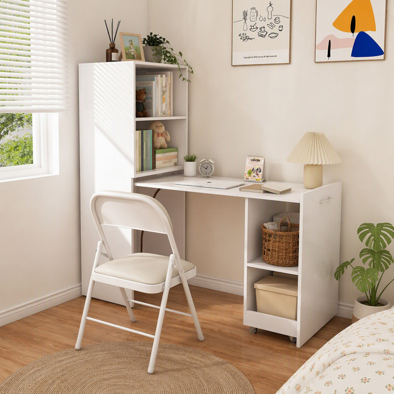 Bureau pliable avec étagères de rangement et roulettes, blanc, pour petits appartements et bureaux
