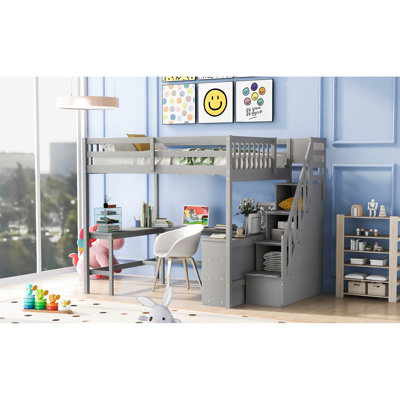 Lit mezzanine gris avec bureau intégré en L et espace de rangement