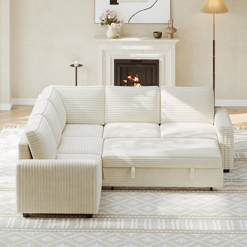 88 "corduroy L-shaped Sofa With Storage Can Be Converted Into A Sofa Bed, Beige Corduroy