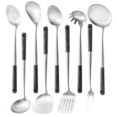 Ensemble d'ustensiles de cuisine en acier inoxydable avec poignées en bois - Comprend une spatule, une cuillère, une fourchette, une cuillère rainurée et une écumoire pour cuisiner et servir