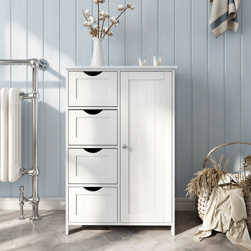 Manhattan Floor Storage Cabinet, Cabinet Freestanding, with 4 Drawers, Adjustable Shelf, 32.3" H x 21.6" W x 11.2" D, White