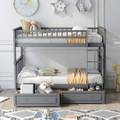 Twin Over Twin Bunk Bed With Drawers, Convertible Beds, Gray(Old SKU: SM000240AAE-1)