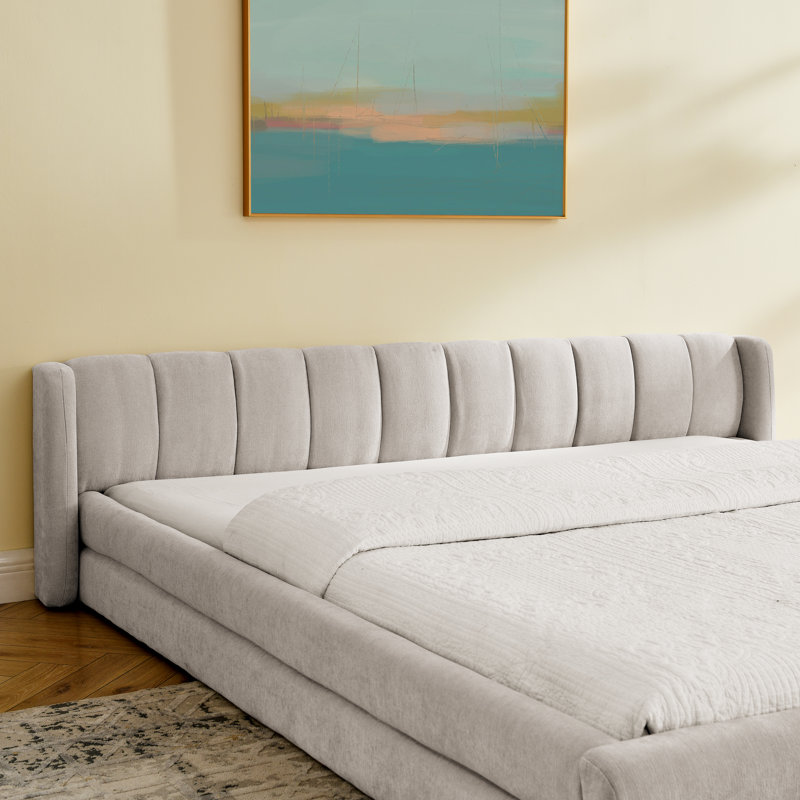 Chenille King Bed Frame With Soft Headboard, Beige