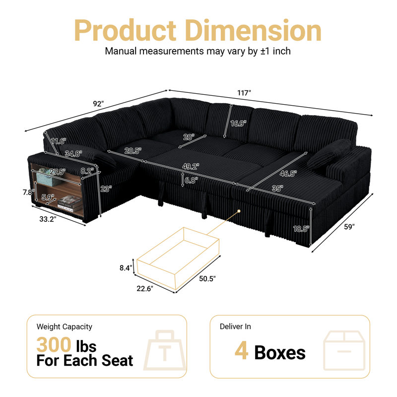 117" Convertible Sleeper Sofa Bed U-shaped Corduroy Sectional Pull-Out Couch With Storage Armrest & Storage Chaise & Corner