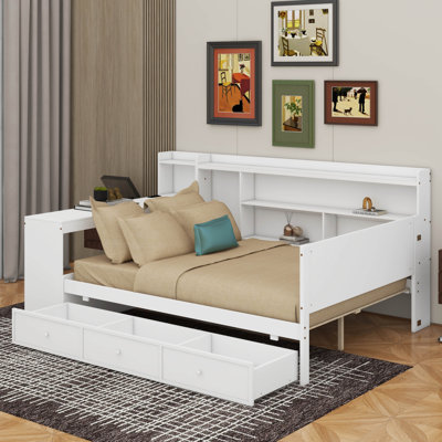 Full Size Wooden Daybed With Drawers, USB And Desk