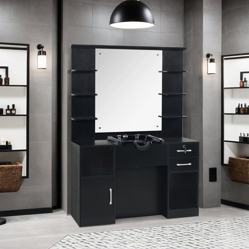 Station de rangement murale avec miroir et bol à shampooing pour salon de beauté, Noir