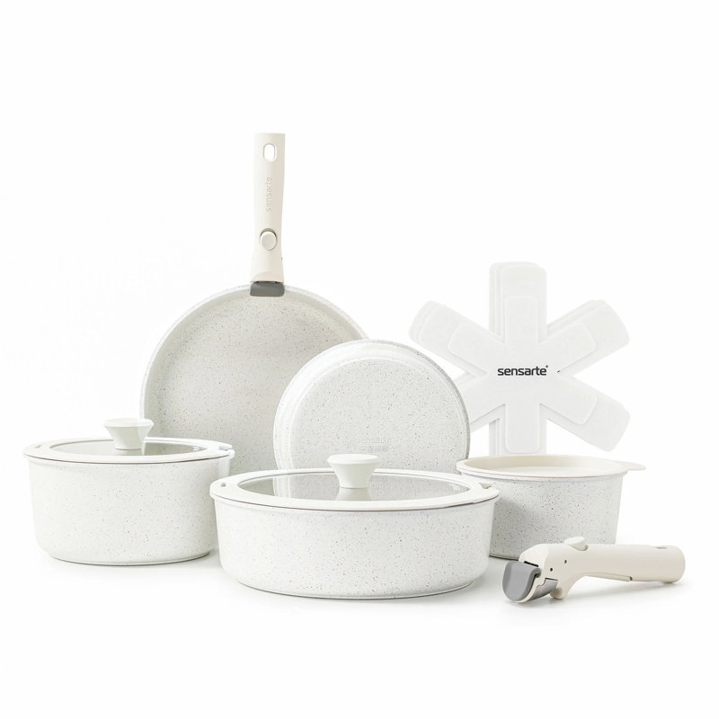 14-Piece White Non-Stick Aluminum Cookware Set with Removable Handles