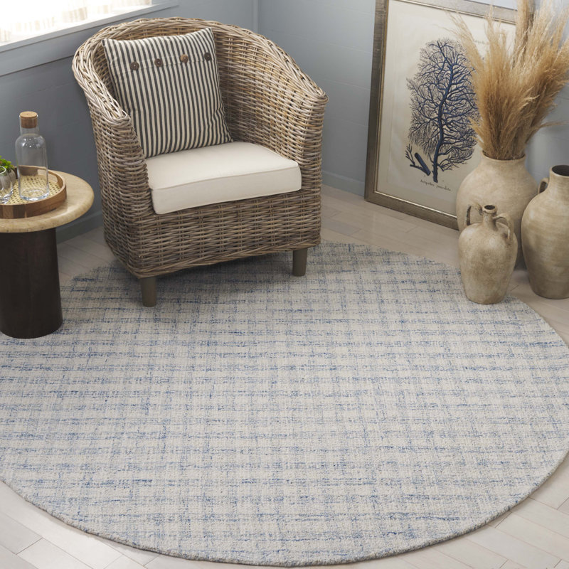 Tapis bleu / ivoire en laine et coton touffeté à la main Antine, Rond 6 pi
