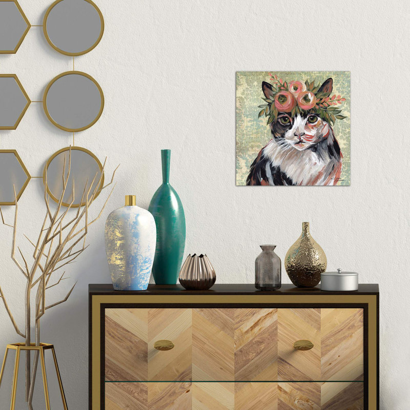 Cat With Floral Crown by Michele Norman - Wrapped Canvas Painting, 45.72 cm H x 45.72 cm W x 3.175 cm D