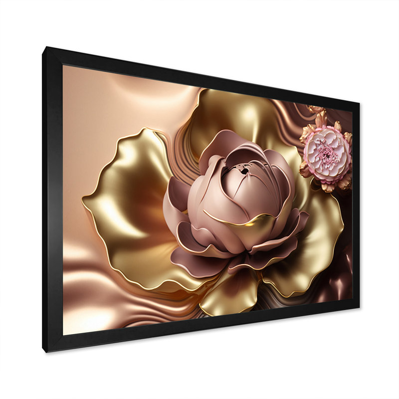 Rétro, rétro, abstrait, fleurs roses et dorées I - Art mural floral, Cadre simple noir, H 12 po x l 20 po x P 1 po