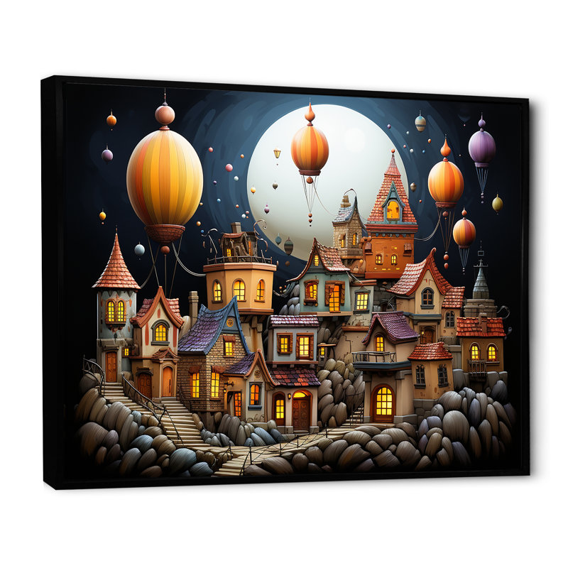 «Fantasy Air Ballon Village III - Montgolfière», art mural, H 34 po x l 44 po x P 1,5 po, Cadre flottant noir