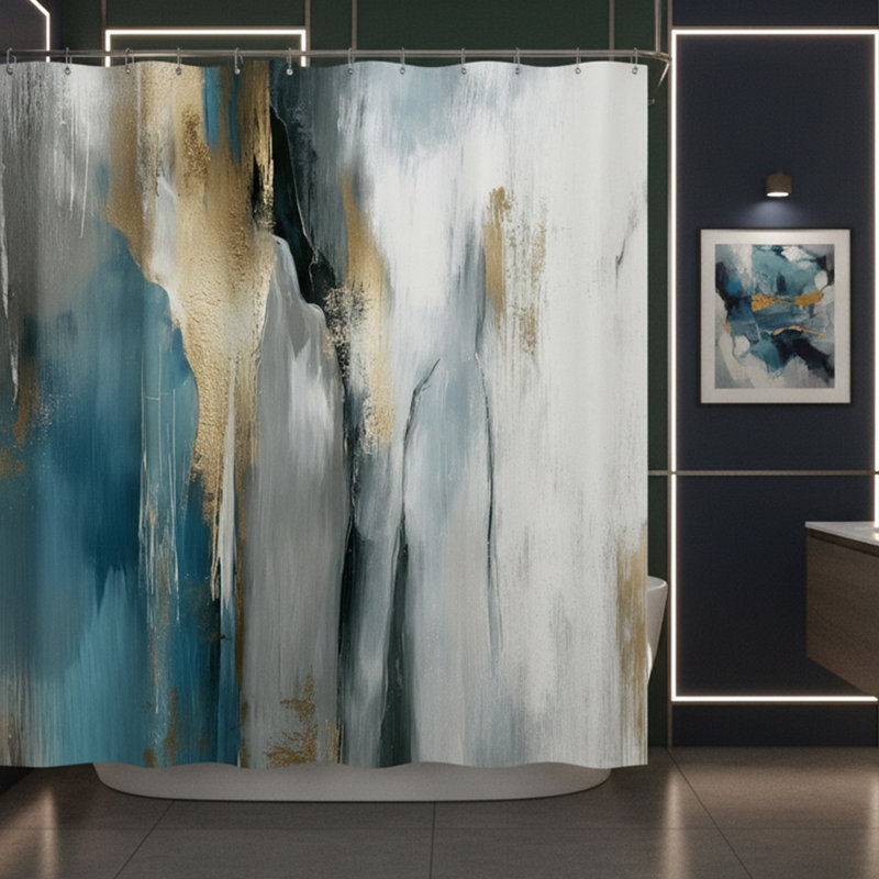 Ensemble de rideau de douche abstrait à texture de marbre bleu-or abstrait avec crochets 72 po x 72 po