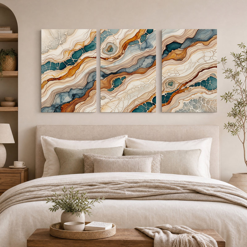 Ensemble de 3 toiles murales représentant des strates géologiques abstraites dans les tons turquoise et marron