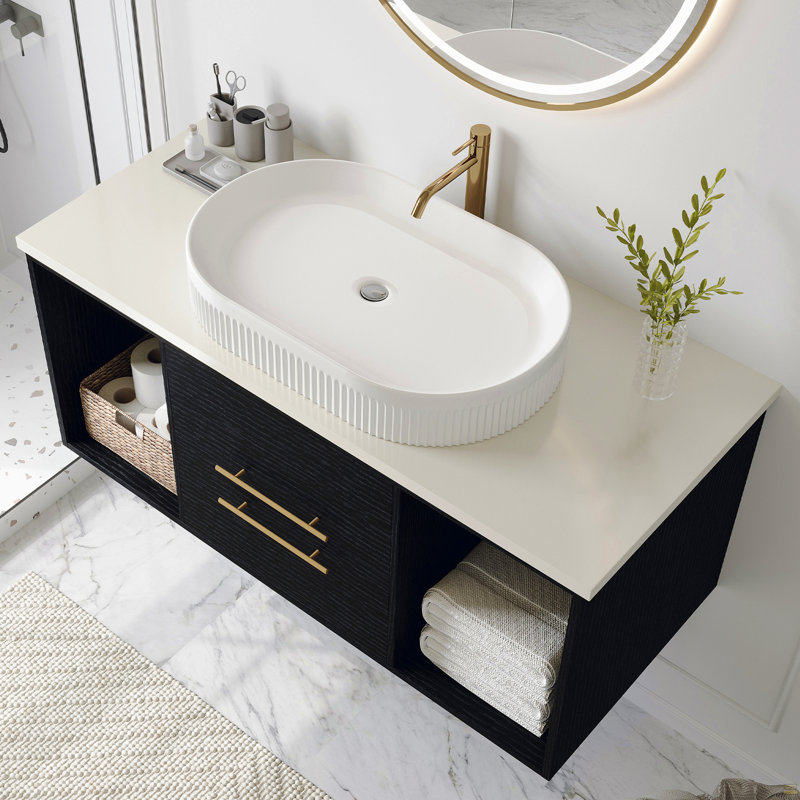 Meuble-lavabo mural moderne 39,4 po avec meuble-lavabo flottant ovale en céramique massif