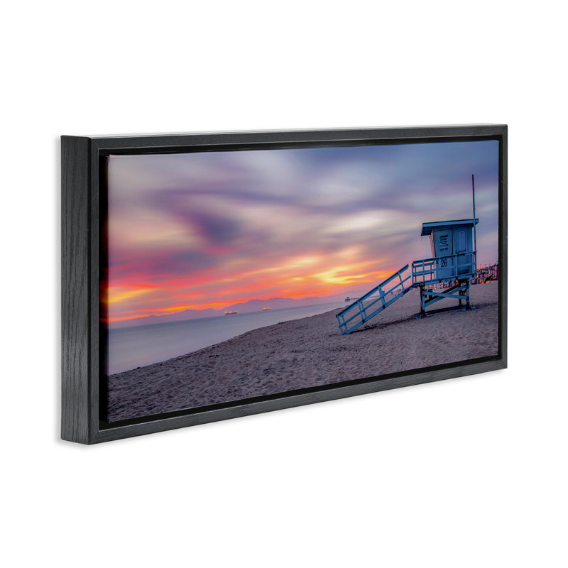 Plage, coucher de soleil, horizon, Cadre flottant noir de jais, H 14 po x l 31 po