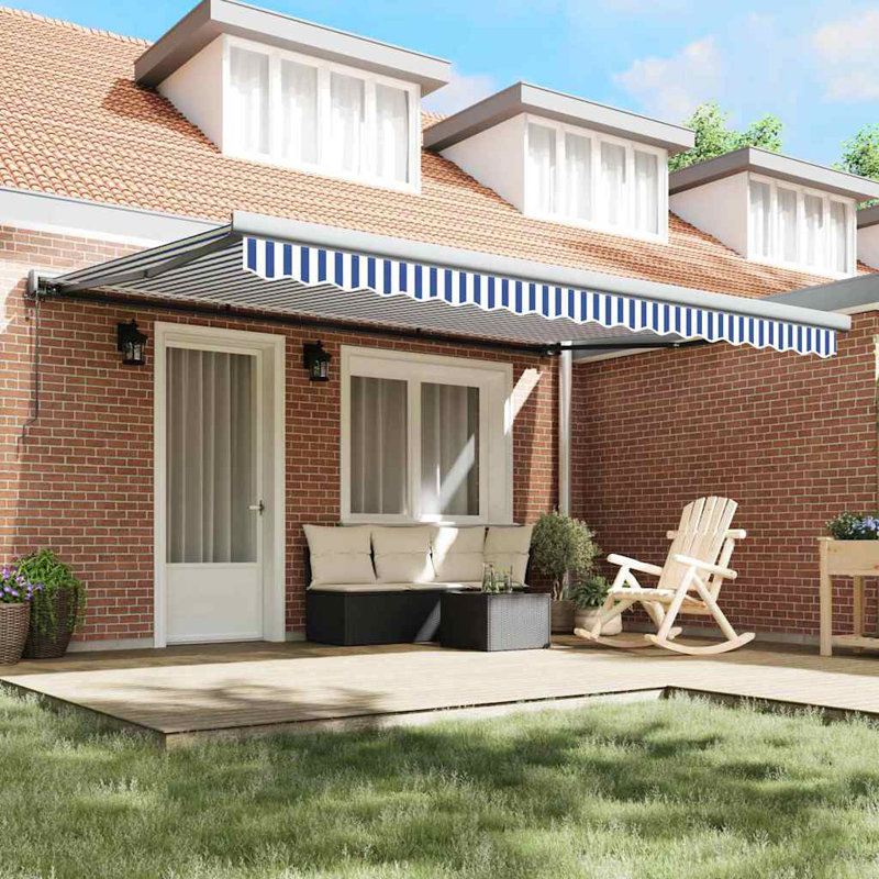 Ebern Designs Fabric Cover Retractable Patio Awning, Blue;White/Grey Striped, 450cm H x 300cm W