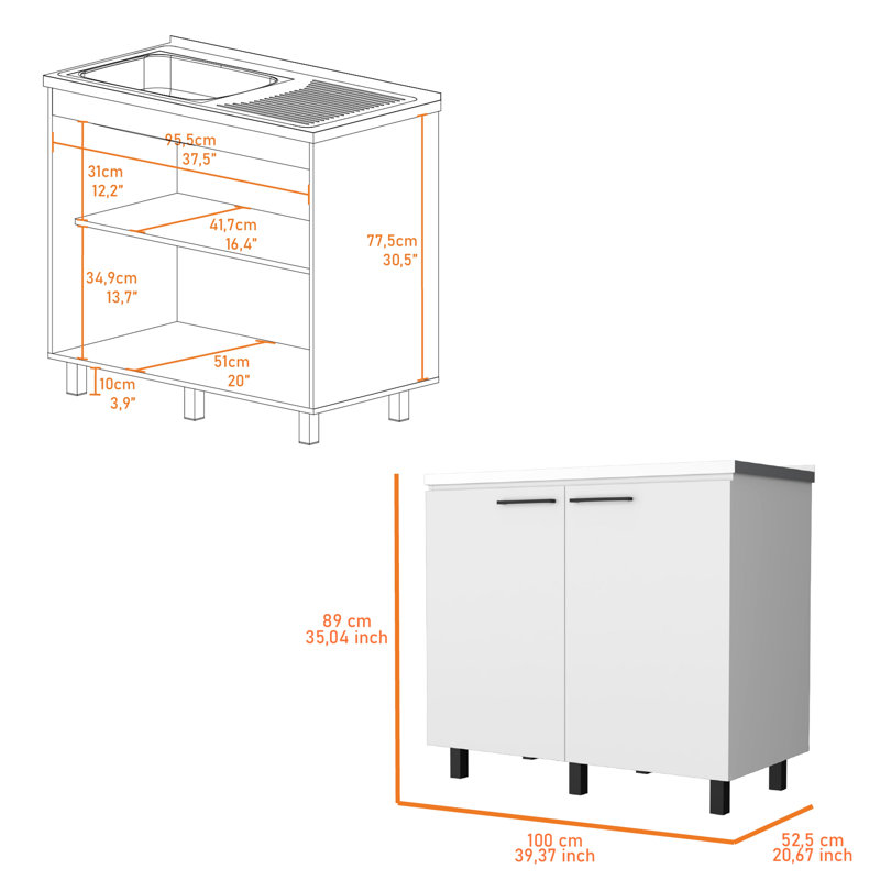 Évier de cuisine blanc 2 et armoire avec construction en bois à la mode, Silver