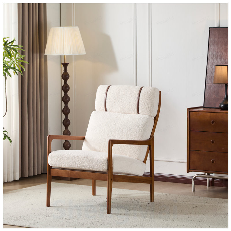 Fauteuil d'appoint Mid-Century moderne, structure en bois massif avec dossier haut, coussins rembourrés Boucle, conception ergonomique pour le salon et la chambre à coucher