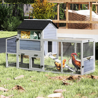 Chicken Coop With Climate - Controlled Roosting Zone And Outdoor Run, Gray Colorful Patterns, Multi Functional Planet Smart Design Mobile Wheels, Pull Out Tray, Window, Color