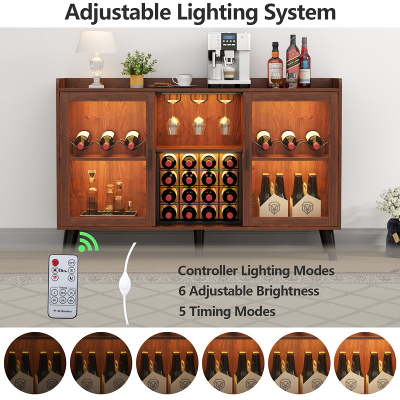 Brown Wood Wine Bar Cabinet with LED Light and Storage