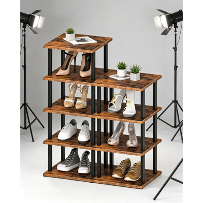 9-Tier Vertical Shoe Rack, DIY Corner Shoe Storage Organizer for Entryway, Narrow Tall Shelf for Small Spaces, Rustic Brown and Black