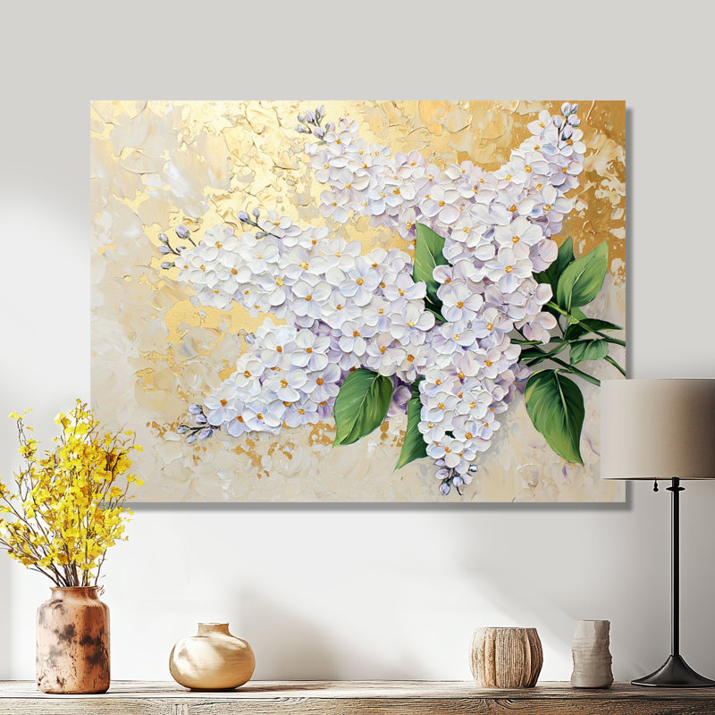 Lilas printemps harmonie dorée I - art mural floral en métal, lilas, H 12 po x l 20 po