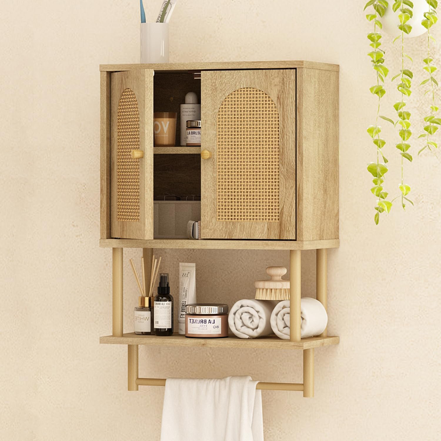 Bayou Breeze Rattan Bathroom Wall Cabinet Modern Boho Medicine Cabinet With Two Arched Rattan ...